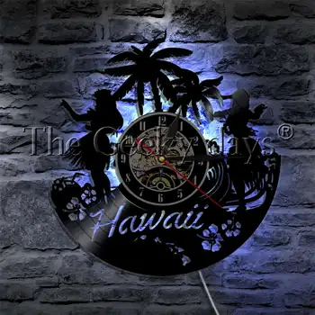 1Piece Havajų Vasaros Laikas Luau Šalis Vinilo Įrašas Sieninis Laikrodis Palmių Dekoracijos Jūros Dekoro Lauko Jūros Paplūdimio Siluetas Sieninis Laikrodis