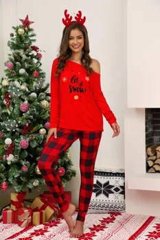 2019 M. Rudenį, Žiemą Moterys Kalėdų Homewear Moterų Laišką Ilgomis Rankovėmis Pledas Kelnės Atsitiktinis O-Kaklo Pyjama 2 Vnt Sleepwear