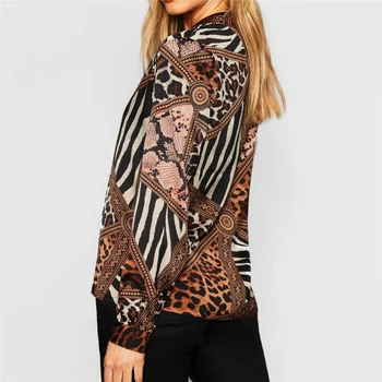 Leopard Atsitiktinis Moterų Spausdinimo V-Kaklo Viršūnes Palaidinė Vintage Marškinėliai Ilgomis Rankovėmis Marškinėliai Pasukite Žemyn Apykaklės Chemisier Femme Plius Dydis