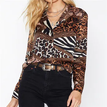 Leopard Atsitiktinis Moterų Spausdinimo V-Kaklo Viršūnes Palaidinė Vintage Marškinėliai Ilgomis Rankovėmis Marškinėliai Pasukite Žemyn Apykaklės Chemisier Femme Plius Dydis