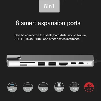 8in1 Tipas-C-HDMI, RJ45 USB3.0 SD PD Greito Įkrovimo Docking Station) Nešiojamąjį kompiuterį 