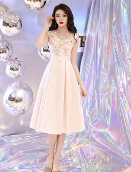 2019 Naujų korėjos Stilius Paprastas vakarinę Suknelę Iliuzija, O-kaklo Appliques Gėlių Zawalcowany Šalies Elegantiškas Banketų Prom Dress