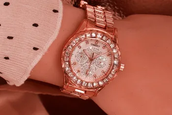 2017 Naujas Moterų kalnų krištolas Laikrodžiai kvarco plieno rose gold Lady Suknelė laikrodžiai big diamond top brand laikrodžio apyrankė