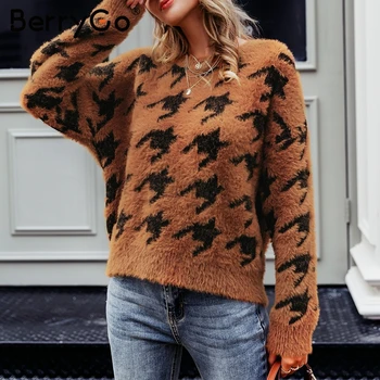 BerryGo Houndstooth moheros megzti megztinis moterims Atsitiktinis minkštas žiemos puloveriai moterų megztinis O-kaklo rudenį ponios megztiniai 2019