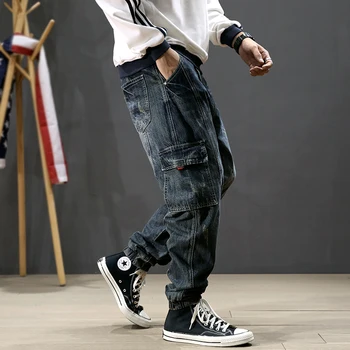 Japonų Dizainerio Mados Vyrų Džinsai Vintage Kankina Haremas Džinsai Vyrams Krovinių Kelnės Retro Mėlyna Palaidi Tinka Hip-Hop Poilsiu Homme Džinsų