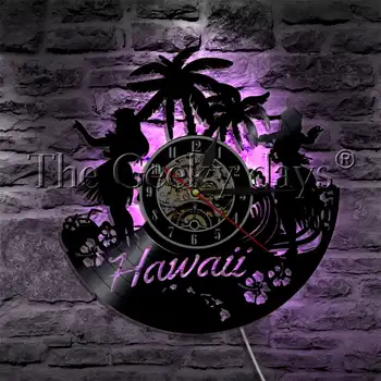 1Piece Havajų Vasaros Laikas Luau Šalis Vinilo Įrašas Sieninis Laikrodis Palmių Dekoracijos Jūros Dekoro Lauko Jūros Paplūdimio Siluetas Sieninis Laikrodis
