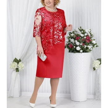 Elegantiškas Pusę SleeveLace Vakarinę Suknelę Plius Dydis, O Kaklas Trumpas Motina Nuotakos Suknelės Raudona Vestuvių Svečias Šalis, Chalatai