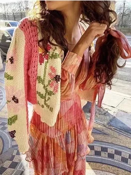 Korėjos Drabužių Kratinys Tuščiaviduriai Iš Skylės Gėlių Siuvinėjimas Megztinis Moterims, O kaklo Mygtuką Megztinis ilgomis rankovėmis Trumpas Megztinis Rudenį