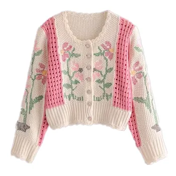 Korėjos Drabužių Kratinys Tuščiaviduriai Iš Skylės Gėlių Siuvinėjimas Megztinis Moterims, O kaklo Mygtuką Megztinis ilgomis rankovėmis Trumpas Megztinis Rudenį