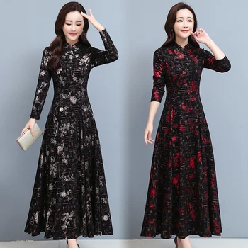 2020 M. Kinijos Stiliaus Cheongsam Rudens Dress Plius Dydis Derliaus Mezgimo Medvilnės Ilgomis Rankovėmis 