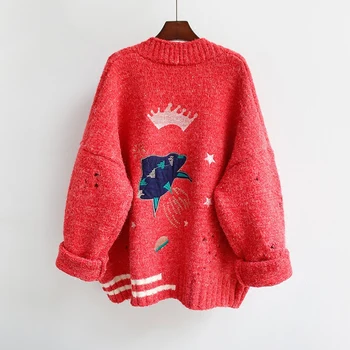 2020 m. Rudens Žiemos Moterys, susagstomi megztiniai Megztinis Animacinių filmų Siuvinėjimo susagstomi megztiniai Vieną Krūtinėmis Megztiniai Megztinis Harajuku iš Viršūnės