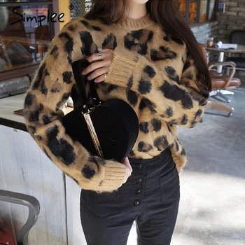 Simplee Seksualus leopard megzti žiemos megztinis megztinis moteriška Rudens ilgomis rankovėmis moterų megztinis ponios Atsitiktinis plius dydis streetwear