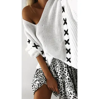 Karšto pardavimo pavasario, rudens ir žiemos mados V-kaklo off-pečių modelis ilgomis rankovėmis megztinis palaidinė