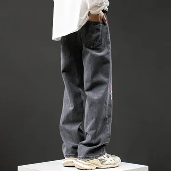 High Street Grandinės Meilužis Modelio Spausdinimo Atsitiktinis Jeans Mens Harajuku Plauti Tiesiai Prarasti Džinsinio Audinio Kelnės Hip-Hop Retro Jean Kelnės
