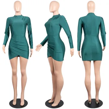 ANJAMANOR Žalia ilgomis Rankovėmis Tvarstis Seksuali Suknelė Elegantiškas Ruched Mini Bodycon Suknelės Moteris vakarėlis 2020 Clubwear D35-AB64