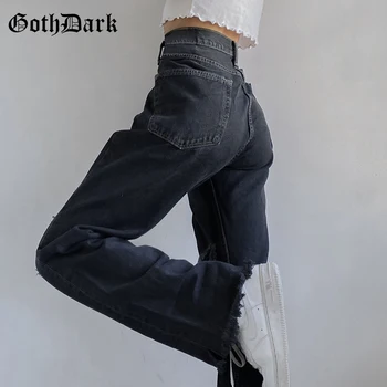 Goth Tamsiai Gotikos Hip-Hop Black Jeans Pločio Kojų Aukšto Juosmens Korėjos Stiliaus Streetwear, Su Skyle Kelnės Mergaitėms Prarasti Lady Kostiumus Dėvėti
