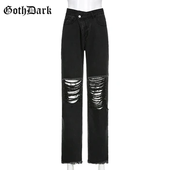 Goth Tamsiai Gotikos Hip-Hop Black Jeans Pločio Kojų Aukšto Juosmens Korėjos Stiliaus Streetwear, Su Skyle Kelnės Mergaitėms Prarasti Lady Kostiumus Dėvėti