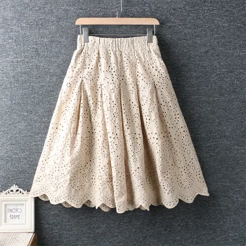 Naują Pavasario šviežių sijonai moterų 2020 m. siuvinėtos medvilnės tuščiaviduriai iš sijonas elastinga juosmens laisvas sijonas