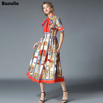 Banulin AUKŠTOS KOKYBĖS 2020Newest kilimo ir tūpimo Tako Dizaineris Vasaros Suknelė Moterų trumpomis Rankovėmis Marškinėliai Apykaklės Juostelė Spausdinti Lankas Midi Suknelė