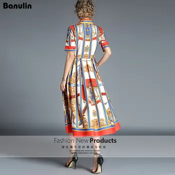 Banulin AUKŠTOS KOKYBĖS 2020Newest kilimo ir tūpimo Tako Dizaineris Vasaros Suknelė Moterų trumpomis Rankovėmis Marškinėliai Apykaklės Juostelė Spausdinti Lankas Midi Suknelė