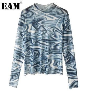 [EAM] Moterys Blye Modelis Atspausdintas Temperamentas T-shirt Naujas Golfo ilgomis Rankovėmis Mados Banga Pavasario Rudens 2021 1DD0058