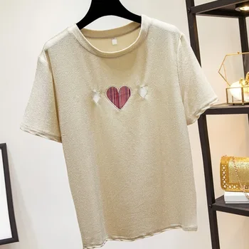 Blizga Negabaritinių Marškinėliai Streetwear Ponios Vasaros Viršūnes Siuvinėjimo Širdies korėjiečių Drabužius trumpomis rankovėmis