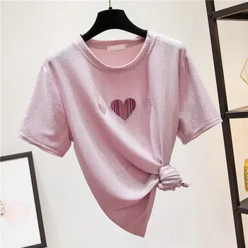 Blizga Negabaritinių Marškinėliai Streetwear Ponios Vasaros Viršūnes Siuvinėjimo Širdies korėjiečių Drabužius trumpomis rankovėmis
