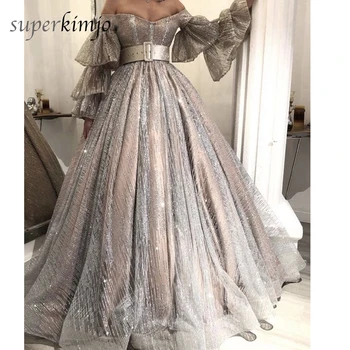 SuperKimJo Sidabro Kamuolys Suknelė Prom Dresses 2020 ilgomis Rankovėmis Elegantiškas nuo Peties Promenadzie Suknelė Vestidos De Graduacion Largos