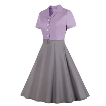 Moterų Kratinys Vintage Suknelė trumpomis Rankovėmis Įpjovomis Apykaklės, Mygtuką Diržo Rockabilly Šalies 50s 60s Sūpynės Plius Dydis Suknelės, Mėlyna Pilka