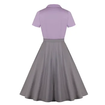 Moterų Kratinys Vintage Suknelė trumpomis Rankovėmis Įpjovomis Apykaklės, Mygtuką Diržo Rockabilly Šalies 50s 60s Sūpynės Plius Dydis Suknelės, Mėlyna Pilka