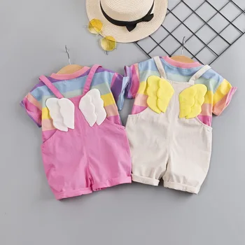 2vnt cute kūdikių berniukų, mergaičių vaivorykštė drabužiai tiktų vasaros trumpas rankovėmis kailis +kombinezonai su antkrūtiniais šortai rinkinys vaikams, cartoon drabužius outwear