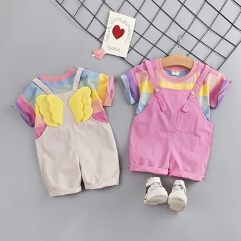 2vnt cute kūdikių berniukų, mergaičių vaivorykštė drabužiai tiktų vasaros trumpas rankovėmis kailis +kombinezonai su antkrūtiniais šortai rinkinys vaikams, cartoon drabužius outwear