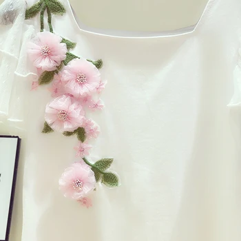 Marškinėliai Mergina Vasaros Naują korėjos Saldus Nėrinių Lotus Lapų Rankovėmis trimatis Gėlių Siuvinėjimas Aikštėje Apykaklės T Tees Moterų