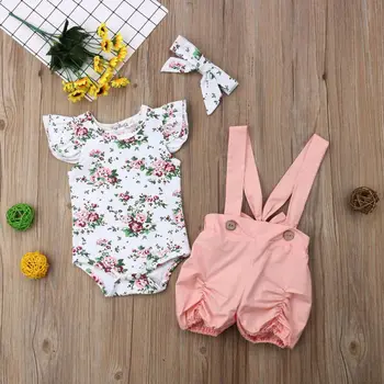 3PCS Kūdikių Mergaičių mielas plaukioja rankovės Gėlių Romper dirželis rožinės Kelnės, kombinezonai su Antkrūtiniais darbo drabužiai Lankelis Aprangą, Drabužius 0-18M