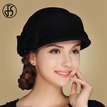 FS Elegantiškas Moteris, Bažnyčios Black Hat Fedoras Lady vientisos Spalvos Vilnos Beretė Kepurės Derliaus Vyno Raudonos Kepurės Chapeau Femme Feutre