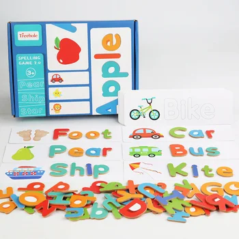 Medienos Rašybos Žodis Dėlionės, Žaislų, 72Pcs anglų Didžiųjų ir Mažųjų Žaislai Vaikams Mokytis anglų kalbos Žodžiai su Mokymosi Korteles