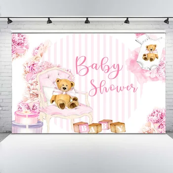 Rudos Spalvos Meškiukas Baby Shower Fotografijos Fonas Rožinis Naujagimio Mergina Gėlių Gimtadienio Tortas Stalo Fone Juostelės Photoshoot