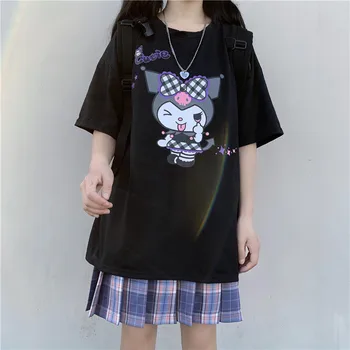 Harajuku animacinių filmų mielas juokingas spausdinti trumpas rankovės Kuromi T-shirt moterims topai Vasaros streetwear O-kaklo saldus mergaičių marškinėliai