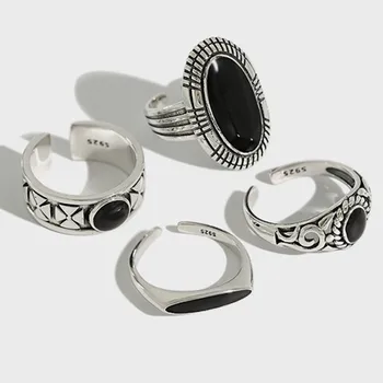 925 Sterlingas Sidabro Šviesą Juodas Lašas Glazūra Atidaryti Žiedai Moterų Asmenybės Rankų Darbo Senovinių Fine Jewelry Flyleaf