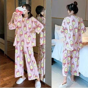 2020 m. Rudenį Animacinių filmų Pižama Rinkinys Moterims, Kelnės Atsitiktinis Sleepwear Kawaii Pijamas Ponios ilgomis Rankovėmis, Šiltas Moteris Homewear kostiumas