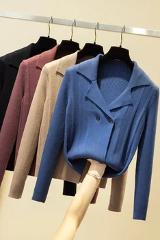 Megztas džemperis cardigan striukė moterims prarasti sutirštės Kailis 2020 m. rudenį atvartas trumpas ilgomis rankovėmis striukė susagstomi megztiniai Office Lady
