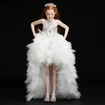 Gėlių Mergaitė Elegantiška Suknelė su Trailing Vaikai Balta Inscenizacija Vestuvių Suknelė Vaikų Mergaičių Pirmosios Komunijos Suknelės