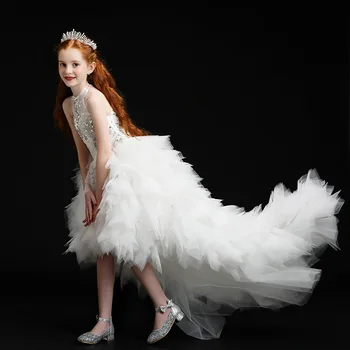 Gėlių Mergaitė Elegantiška Suknelė su Trailing Vaikai Balta Inscenizacija Vestuvių Suknelė Vaikų Mergaičių Pirmosios Komunijos Suknelės