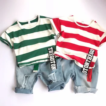 2VNT WLG berniukų vasaros drabužių rinkinys vaikams dryžuotas raudonos, žalios marškinėliai ir kankina džinsinis trumpas nustatyti berniuko drabužius