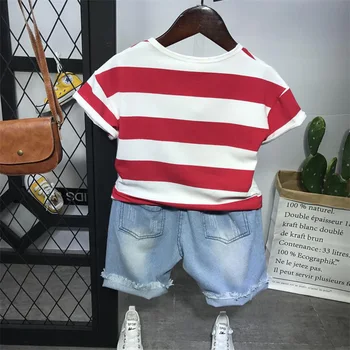 2VNT WLG berniukų vasaros drabužių rinkinys vaikams dryžuotas raudonos, žalios marškinėliai ir kankina džinsinis trumpas nustatyti berniuko drabužius