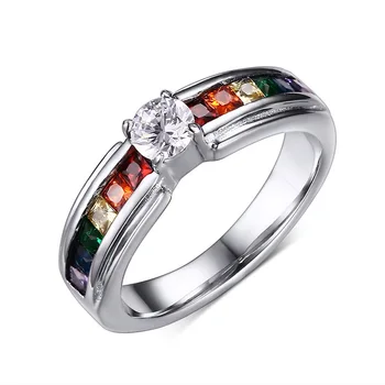 LGBT Rainbow Crystal MEILĖS Žiedai Mados Nerūdijančio Plieno, Spalvingas, AAA Klasės CZ Vestuviniai Žiedai Moterims Geometrinis Žiedas