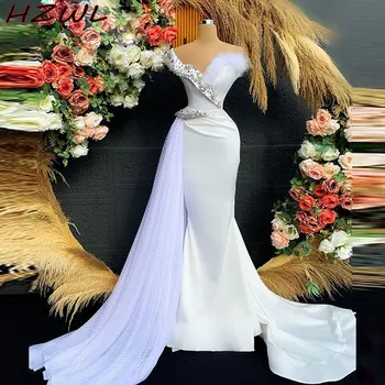 Balta Undinė Prom Dresses Ilgai Brangioji Plunksnos Beafs Kristalai Moterų Oficialią Vakaro Suknelė Su Traukiniu Pigūs Afrikos Vestidos