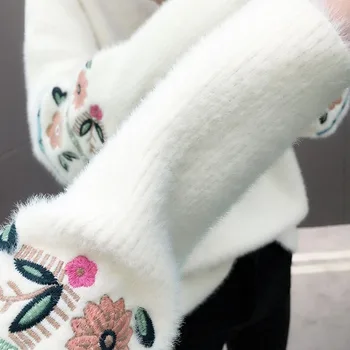 Moterų Rudenį, Žiemą Imitacija Mink aksomo Megztinis (Puloveris) Naujas Išsiuvinėti ilgomis rankovėmis Pusė Golfo Megztinis Megztas Megztinis H17