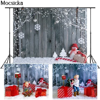 Kalėdų Tema Fone Snaigės Dovana Sniego Senį Medžio Šaką Pušis Modelis Raudona Mediniai Fotografijos Fone Fotostudija