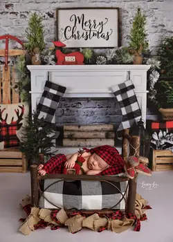 Kalėdų Fotografijos Fonas Baltos spalvos Plytų sienos Žalia Gress Dovanų dėžutėje Fone Elnių vaikas Dekoras Reklama